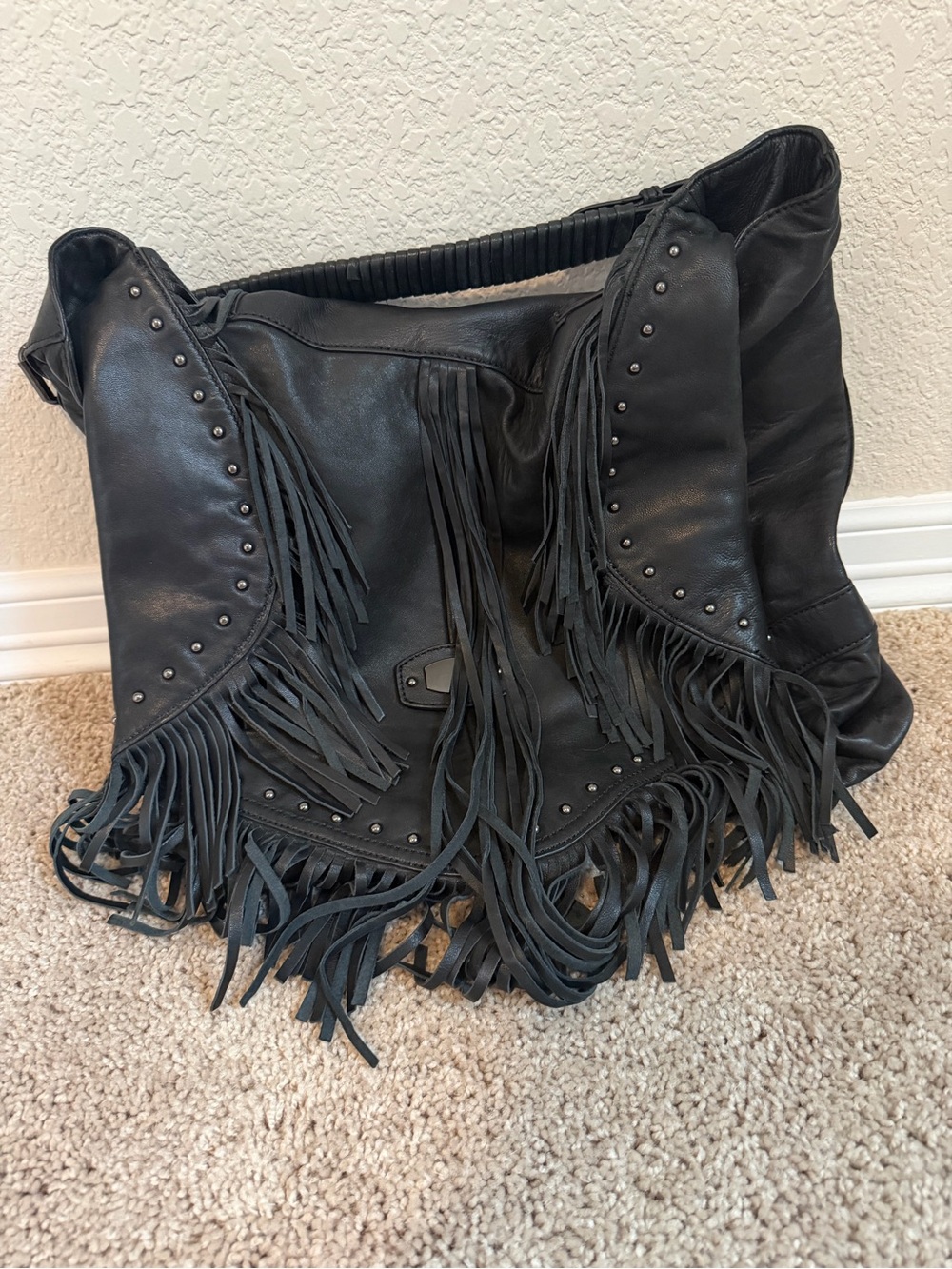 Black Fringe Studded Leather Shoulder Bag